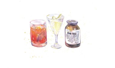 İçeceklerin suluboya çizimi, martini, negroni ve mai tai, vektör