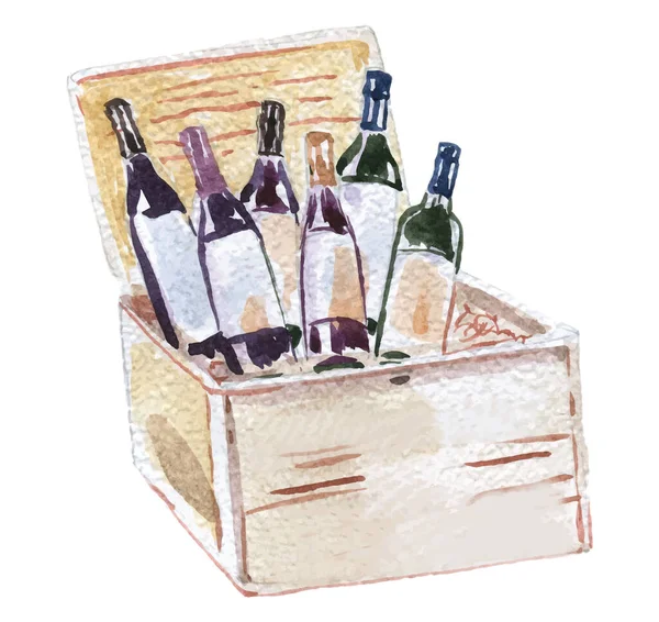 Illustration Aquarelle Une Boîte Vin Ouverte Bois Illustration Dessinée Main — Image vectorielle