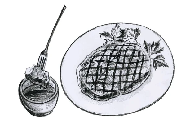 Illustrazione Disegnata Mano Carne Piatto Con Foglie Prezzemolo Salsiccia Pezzo — Vettoriale Stock