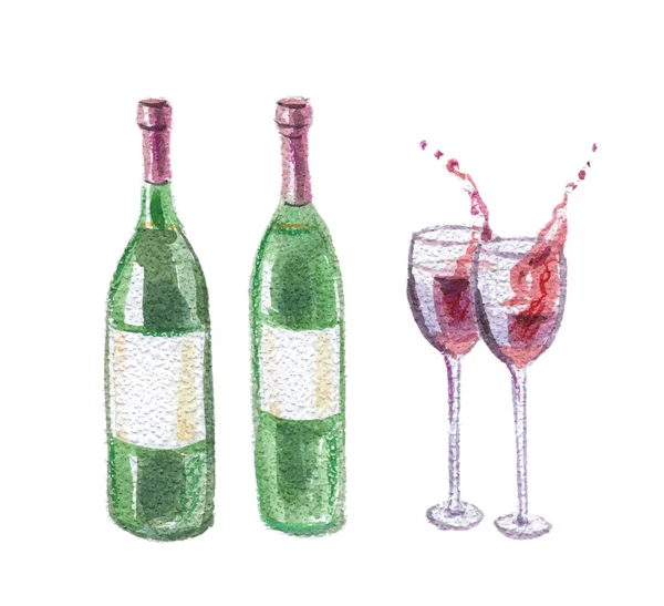 Illustration Aquarelle Bouteilles Gobelets Vin Vecteur — Image vectorielle