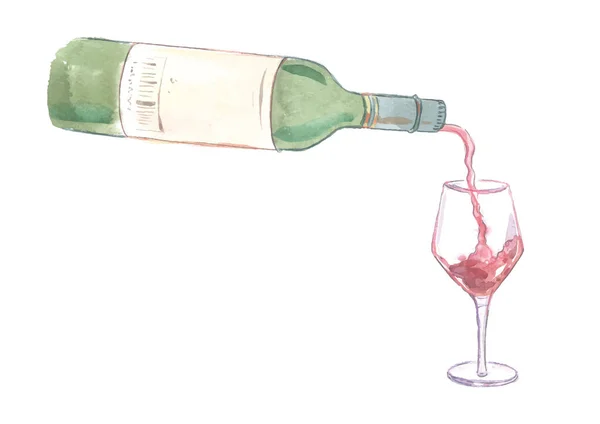 Illustration Aquarelle Dessinée Main Vin Rouge Versé Dans Verre Partir — Image vectorielle