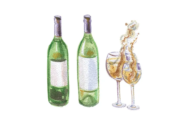 Illustration Aquarelle Bouteilles Gobelets Vin Vecteur — Image vectorielle