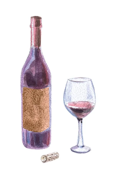 Akvarell Illustration Vin Flaskor Bägare Kork Vektor — Stock vektor