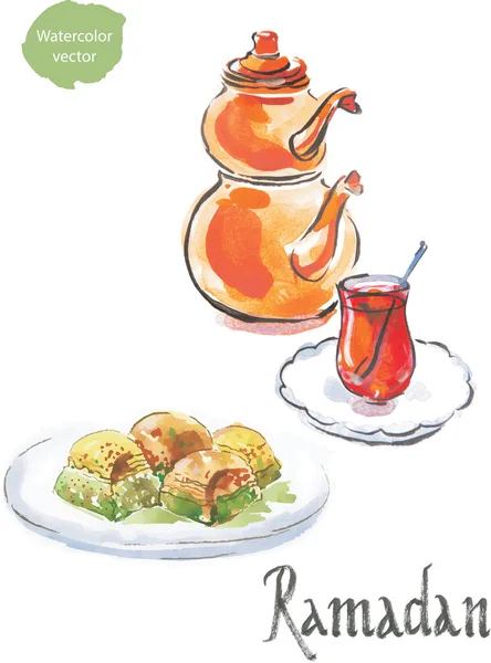 Ramadan en aquarel Turkse thee met baklava — Stockvector