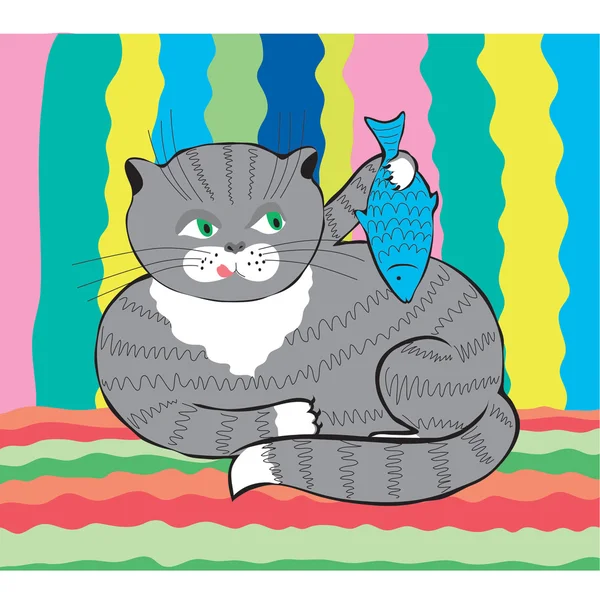 Gato con pescado — Vector de stock