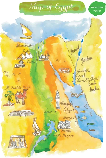 Mapa da aquarela de atrações Egito — Vetor de Stock