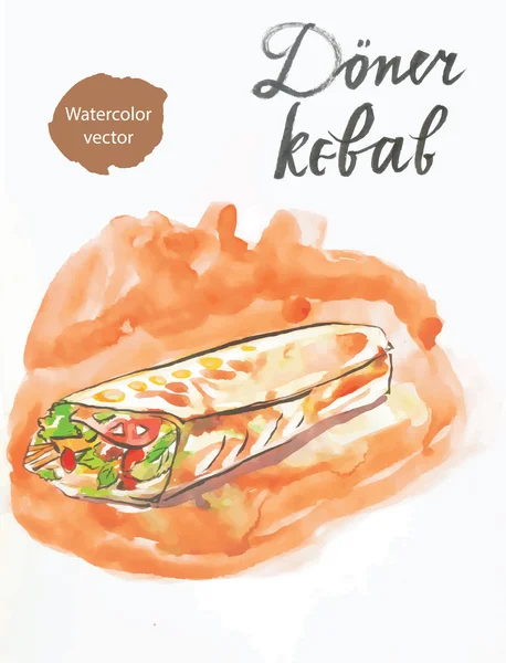 Acuarela de carne turca (o árabe) en pan de pita, rollo con carne — Vector de stock