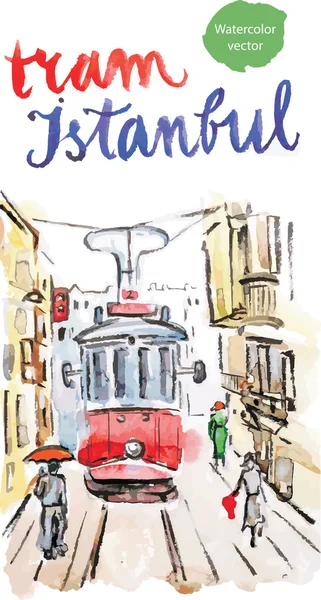 Aquarell alte rote Straßenbahn in Istanbul — Stockvektor