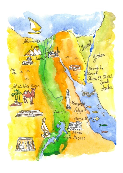 匹配的景点埃及水彩电子地图 — 图库照片