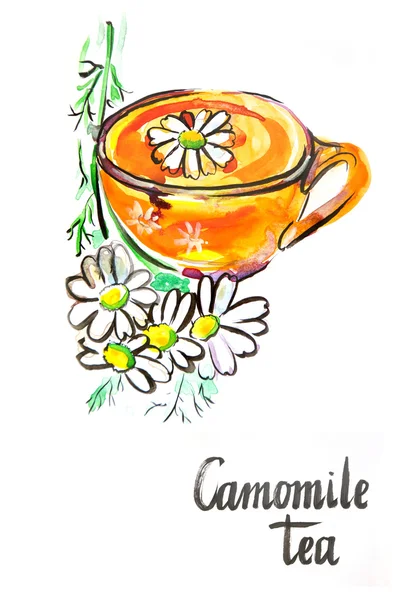 Watercolor camomile tea — Stock Photo, Image