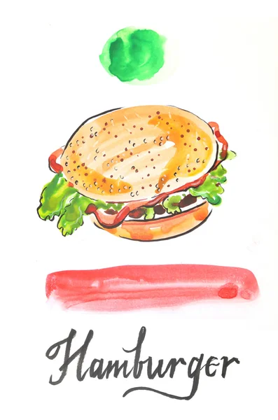 Acquerello disegnato a mano hamburger — Foto Stock