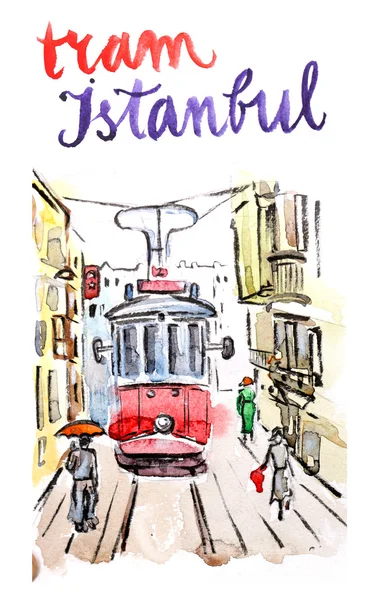 Watercolor old red tram in Istanbul — Stock Photo, Image