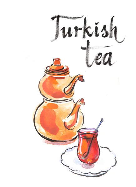 Aquarel Turkse thee met Turkse waterkoker — Stockfoto