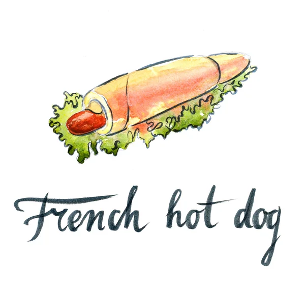 Aquarel Franse hotdog met sla en mosterd — Stockfoto