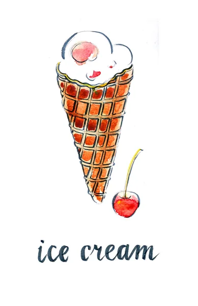 Cono de helado con cereza — Foto de Stock