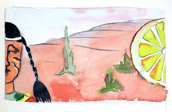 Akvarell indián, kaktuszok és nagy citrom — Stock Fotó