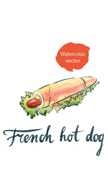 Aquarel Franse hotdog met sla en mosterd — Stockvector