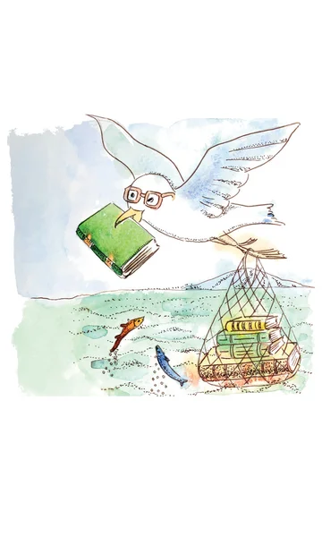 Акварельная академическая чайка с очками и книгой — стоковый вектор