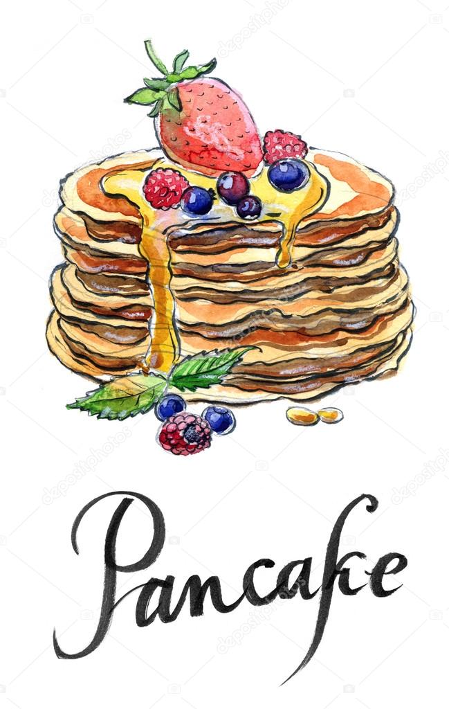 Watercolor pancakes with berries and maple syrup