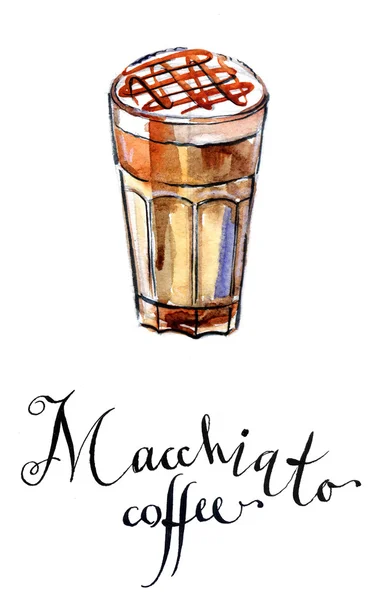 Lcoffee Latte Macchiato με καραμέλα σε ένα ψηλό ποτήρι — Φωτογραφία Αρχείου
