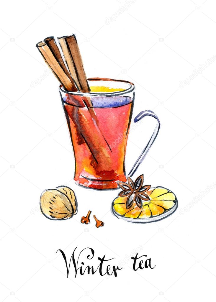 hGlass of Hot winter tea with orange, cinnamon, anise, clove and