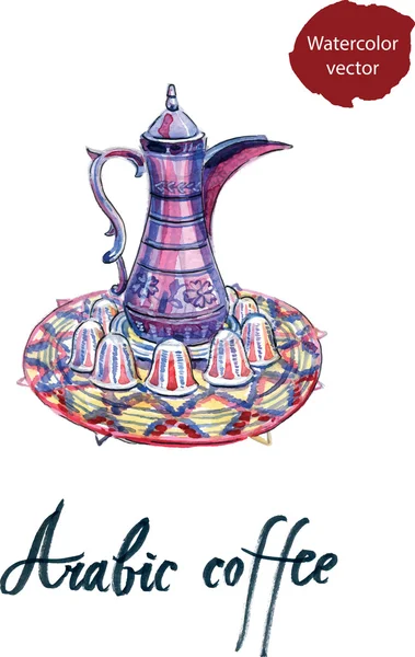 Watercolor arabic Coffee pot and cups set — Stock Vector