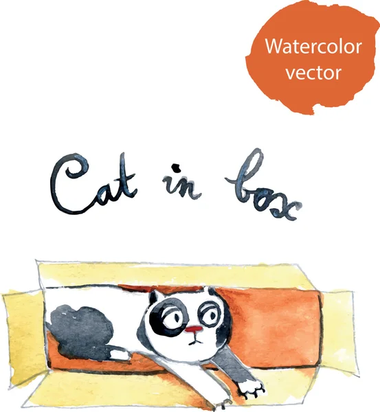 Acuarela gato dentro abierto cartón paquete caja — Vector de stock
