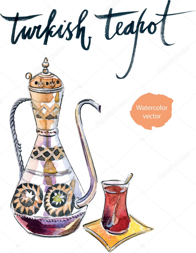 Watercolor antique turkish teapot