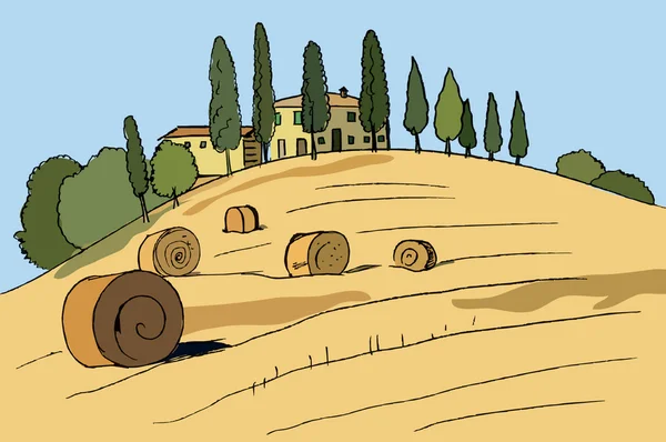 Ferme avec cyprès et tas de foin, Italie — Image vectorielle