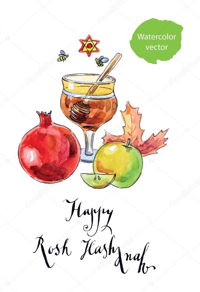 Pomegranate, apple, maple leaf and honey symbols of jewish new Stock