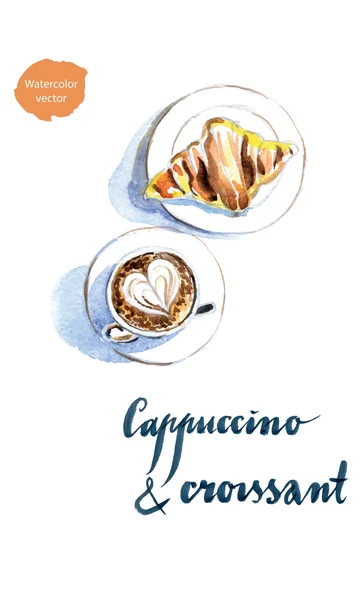 Taza de café capuchino y croissant — Vector de stock