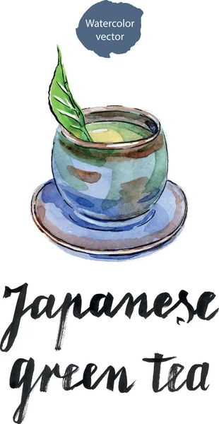 Φλιτζάνι ιαπωνικό πράσινο τσάι με πράσινο φύλλο — Διανυσματικό Αρχείο