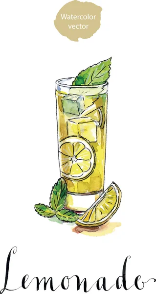 Glas Limonade oder Zitronensaft mit Eiswürfeln und Zitronenscheiben — Stockvektor