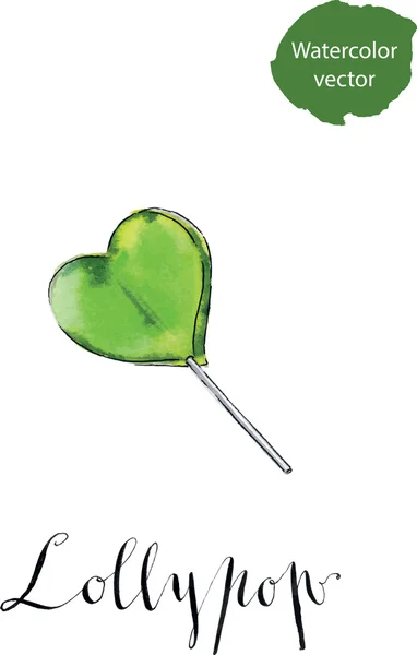 Πολύχρωμο lollypop. Πράσινη καρδιά. Καραμέλα. Έννοια της αγάπης. Γλυκιά αγάπη, — Διανυσματικό Αρχείο