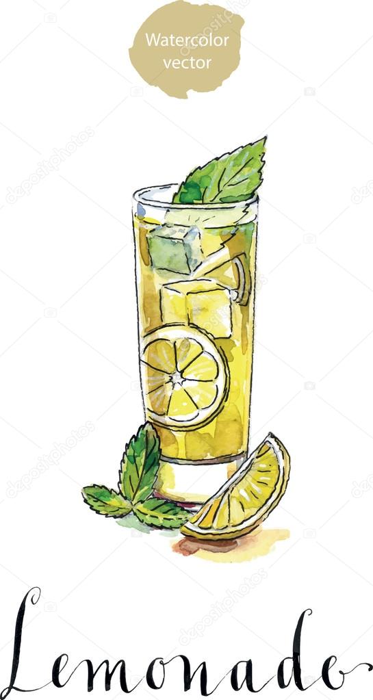Glass of lemonade or lemon juice with ice cubes and sliced lemon