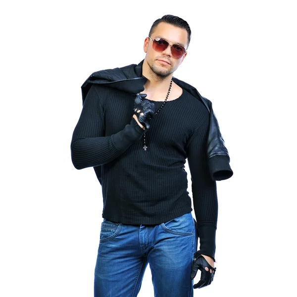 Handsome fashion man wearing jacket and sunglassses — Stock Photo, Image