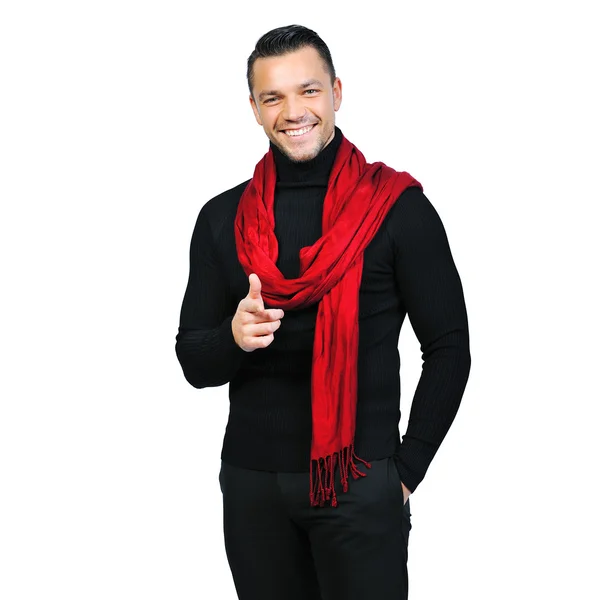 Portrait of smiling young man pointing at you on white backgroun — Stock Photo, Image