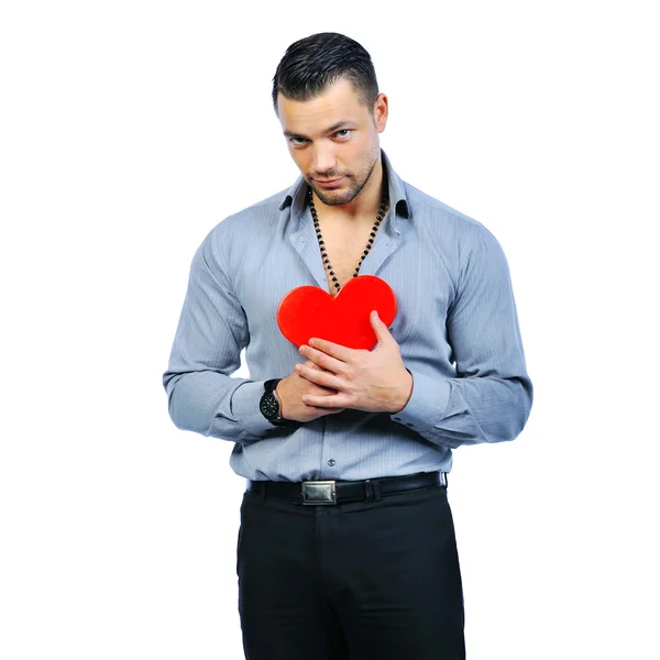 Bonito jovem macho homem segurando amor retrato do coração - isolado — Fotografia de Stock