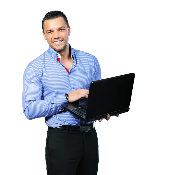 Homme d'affaires avec un ordinateur portable - isolé sur un fond blanc — Photo