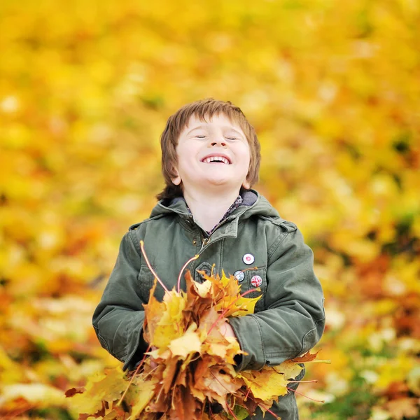 Fröhlicher netter Junge, der Spaß mit Herbstblättern im Park hat — Stockfoto