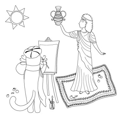 Boyama sayfası. Kedi sanatçısı bir resim çizer. Bir kedi ve bir kızın karikatür resmi. Genç bir kadın. Raster illüstrasyonu