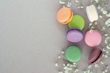 Renkli Fransız badem kurabiyeleri veya pastel çiçekli badem kurabiyeleri..