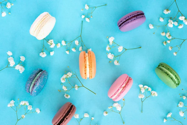 Macarons français colorés sur fond floral pastel. — Photo