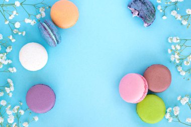 Pastel çiçekli renkli Fransız badem kurabiyeleri. Romantik, minimal kompozisyon, kopyalama alanı.