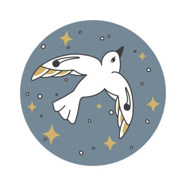 Gece mavisi gökyüzü arka planında yıldızlı stilize beyaz kuş. Düz biçim vektör illüstrasyonu.