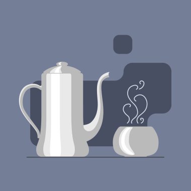 Koyu mavi arkaplan çiziminde sıcak fincanlı çaydanlık.