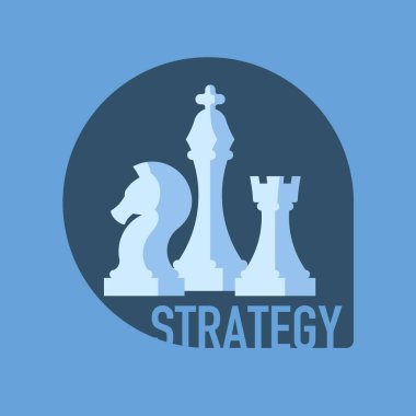 Beyaz satranç taşları ve karanlık bir arka planda metin stratejisi. Minimalist satranç stratejisi konsepti. Düz vektör illüstrasyonu.