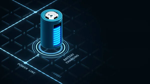 Charging the battery from the power line 3d render concept. Blue digital connecting charging interface with charge indicator symbol.