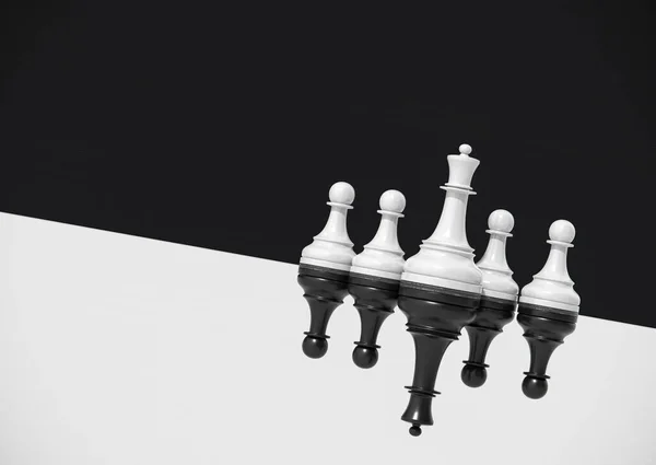 Chess concept, white queen and pawns vs black queen and pawns 3d render. Chessmen in diagonal reflection on black and white background.