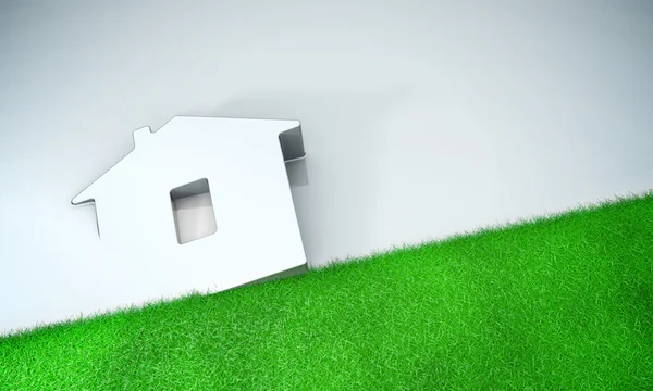 Home-Symbol mit Gras auf grauem Hintergrund 3D-Modell — Stockfoto